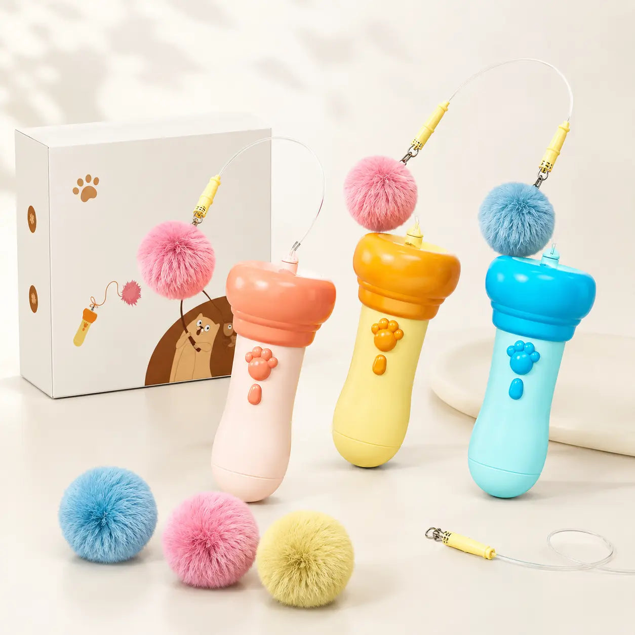 Electric Cat Teaser Toy with Fluffy Pom Balls, Interactive Handheld Cat Wand Toy, Automatic Moving Cat Play Toy for Indoor Cats