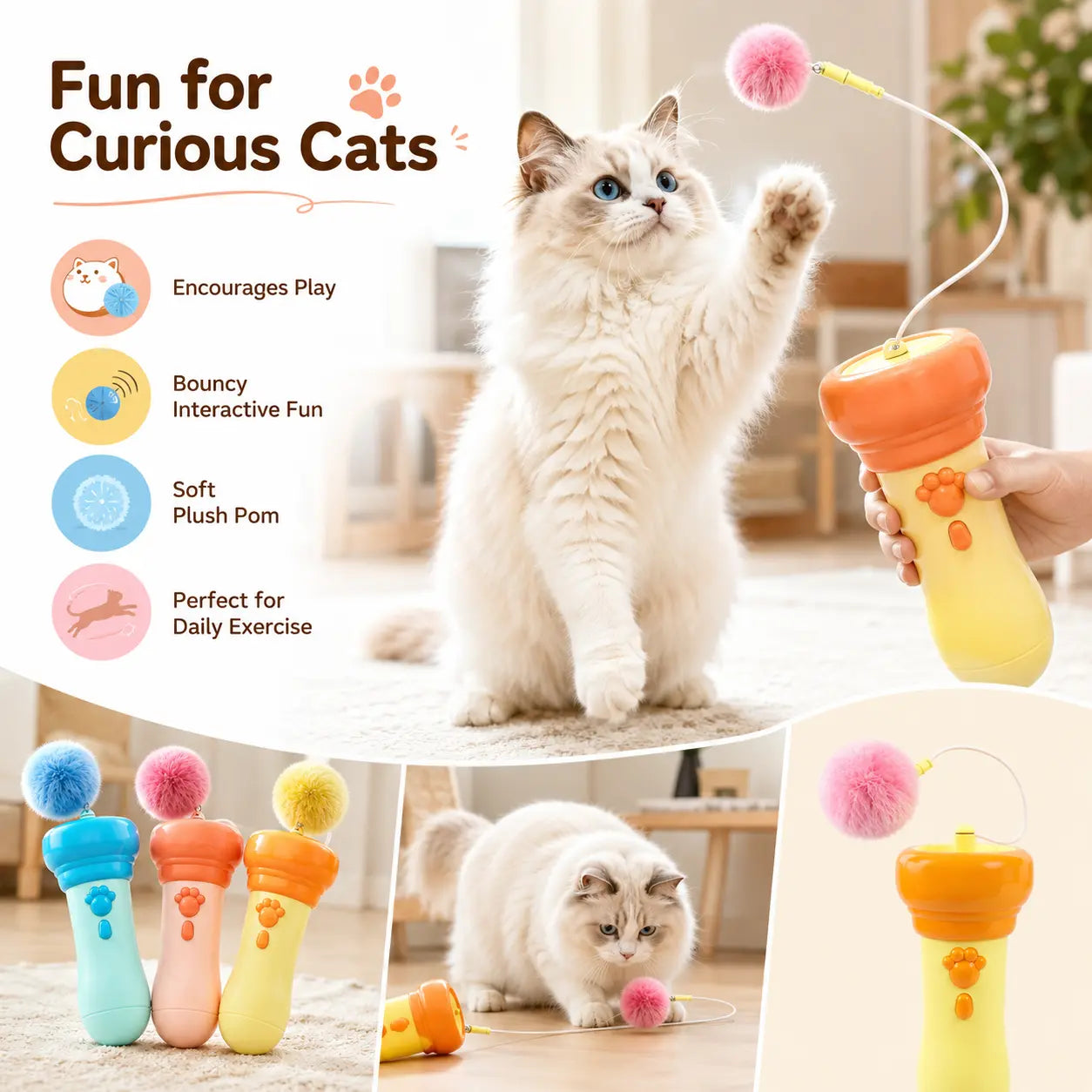 Electric Cat Teaser Toy with Fluffy Pom Balls, Interactive Handheld Cat Wand Toy, Automatic Moving Cat Play Toy for Indoor Cats