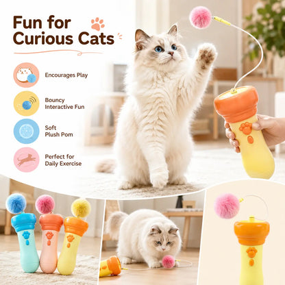 Electric Cat Teaser Toy with Fluffy Pom Balls, Interactive Handheld Cat Wand Toy, Automatic Moving Cat Play Toy for Indoor Cats