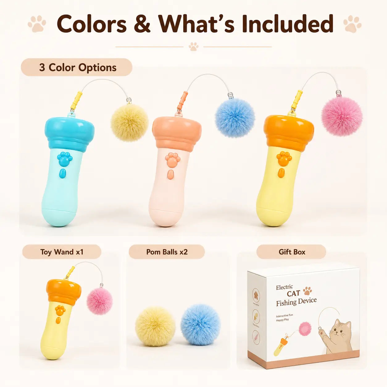 Electric Cat Teaser Toy with Fluffy Pom Balls, Interactive Handheld Cat Wand Toy, Automatic Moving Cat Play Toy for Indoor Cats