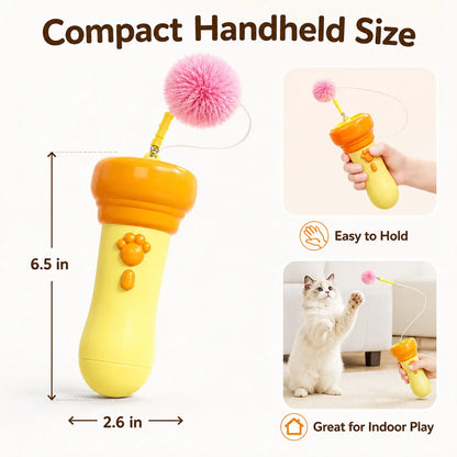 Electric Cat Teaser Toy with Fluffy Pom Balls, Interactive Handheld Cat Wand Toy, Automatic Moving Cat Play Toy for Indoor Cats