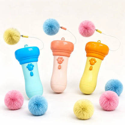 Electric Cat Teaser Toy with Fluffy Pom Balls, Interactive Handheld Cat Wand Toy, Automatic Moving Cat Play Toy for Indoor Cats