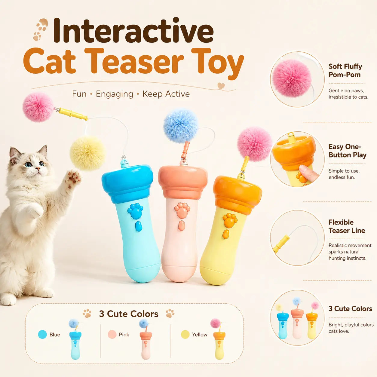 Electric Cat Teaser Toy with Fluffy Pom Balls, Interactive Handheld Cat Wand Toy, Automatic Moving Cat Play Toy for Indoor Cats
