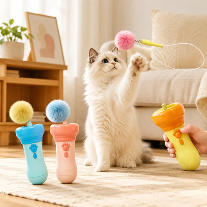 Electric Cat Teaser Toy with Fluffy Pom Balls, Interactive Handheld Cat Wand Toy, Automatic Moving Cat Play Toy for Indoor Cats